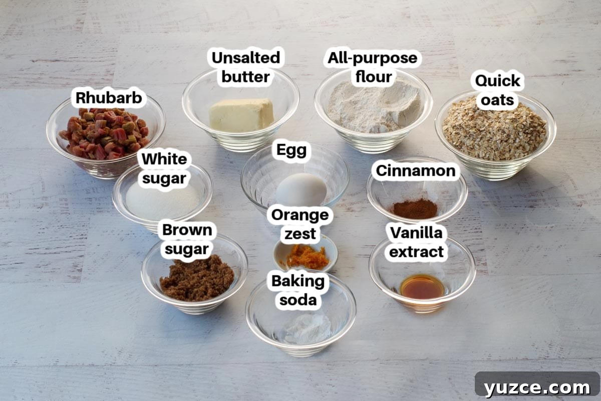 Brown Sugar Oatmeal Cookies with Tangy Rhubarb 4 rhubarb cookie ingredients in glass bowls, labelled