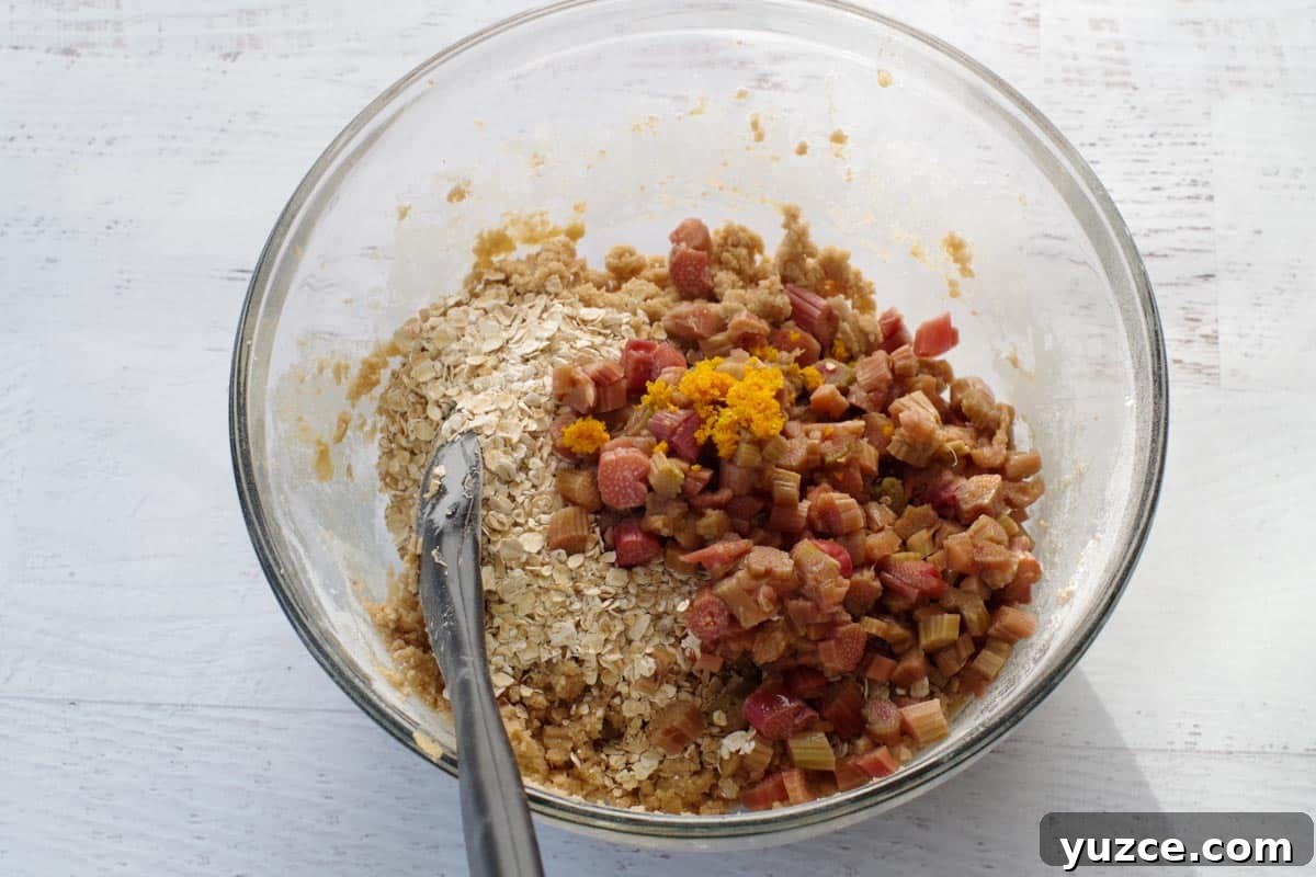 Brown Sugar Oatmeal Cookies with Tangy Rhubarb 9 remaining ingredients added to the glass bowl