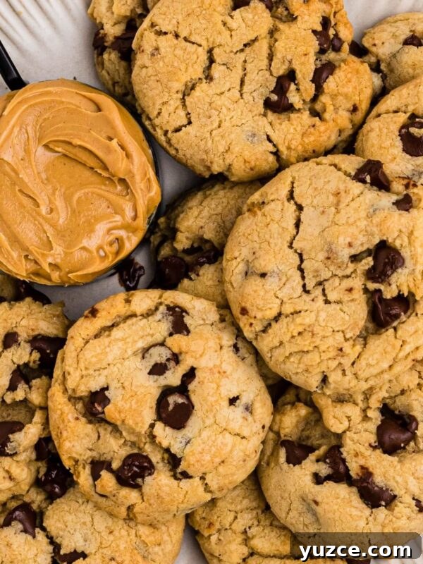 Classic Southern Sweet Potato Pie Recipe — Step-by-Step Guide 10 Peanut butter chocolate chip cookies on a white plate with a scoop of peanut butter next the cookies.