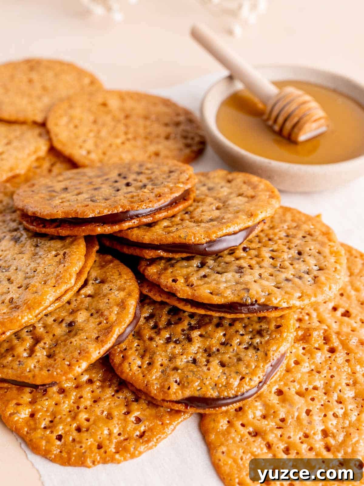 4-Ingredient Lace Cookies Recipe: Crispy Thin Cookie Delight 2 Lace cookies with chocolate ganache filling.