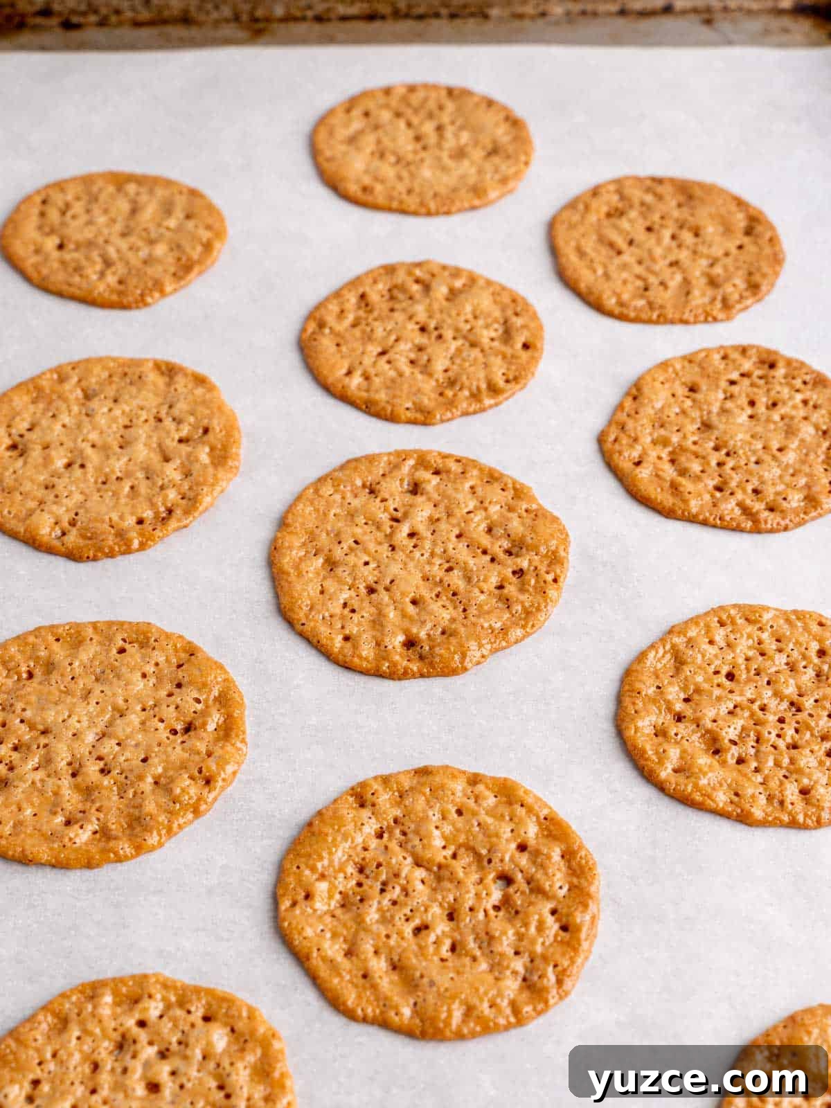 4-Ingredient Lace Cookies Recipe: Crispy Thin Cookie Delight 7 Baked lace cookies on a baking sheet with parchment paper.