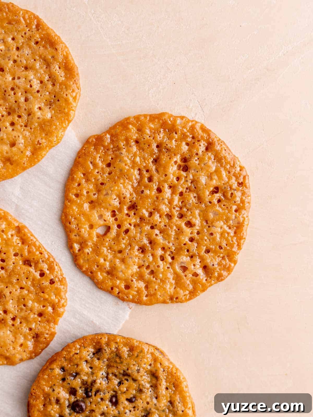 4-Ingredient Lace Cookies Recipe: Crispy Thin Cookie Delight 8 Close up of a florentine lace cookie.