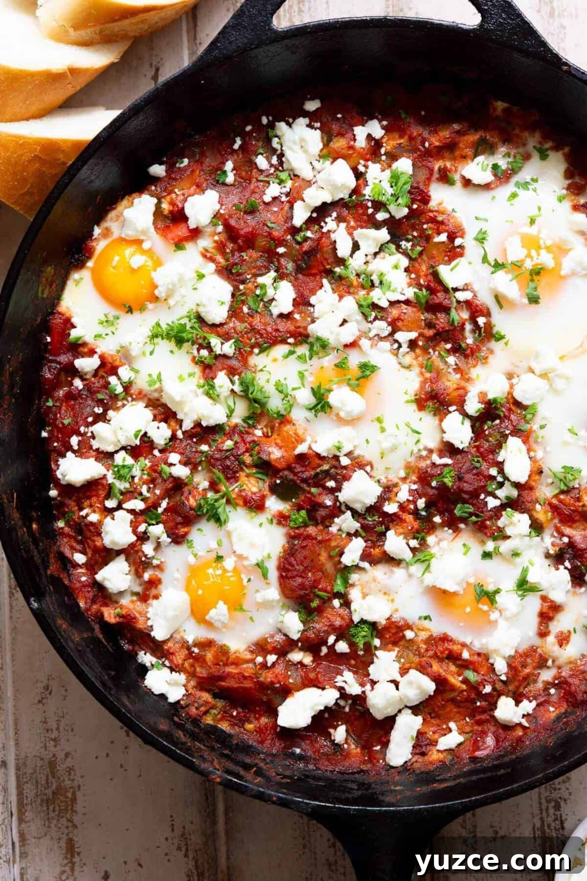 Perfect Shakshuka Recipe: Flavorful One-Pan Eggs and Tomatoes 2 Healthy shakshuka with poached eggs, tomato sauce, and feta cheese served in a cast iron pan