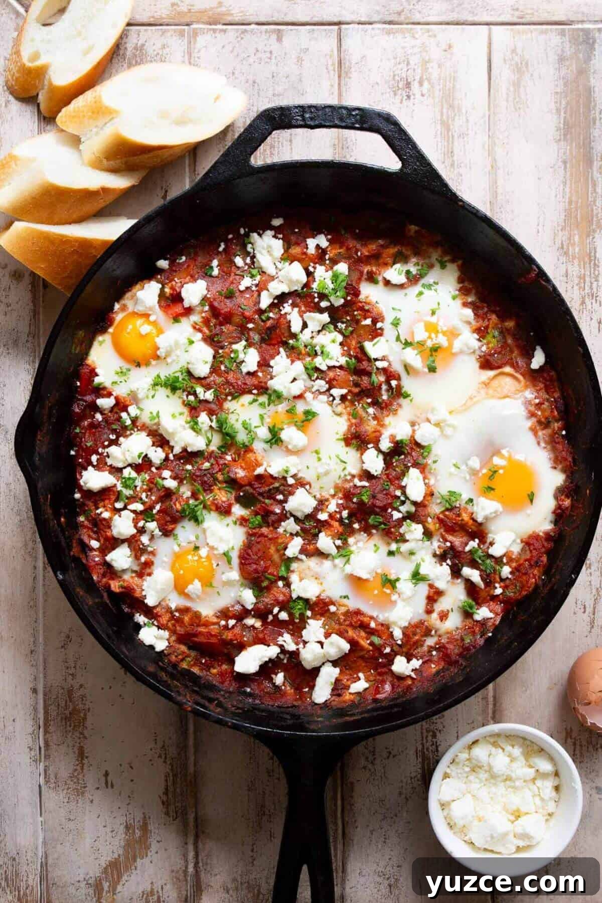 Perfect Shakshuka Recipe: Flavorful One-Pan Eggs and Tomatoes 8 One-pan shakshuka with soft eggs and feta cheese, ready to serve