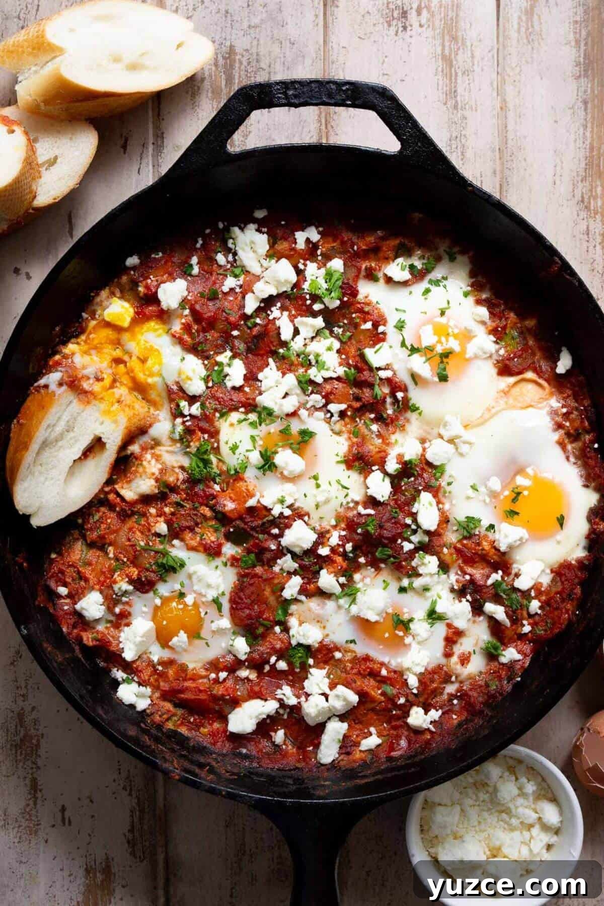 Perfect Shakshuka Recipe: Flavorful One-Pan Eggs and Tomatoes 9 Finished Mediterranean shakshuka in a cast iron skillet topped with crumbled feta and fresh herbs