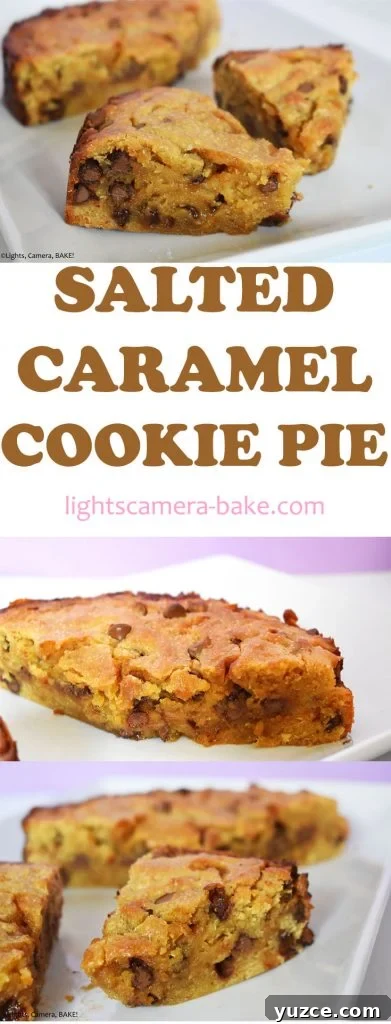 Salted Caramel Cookie Pie Recipe: Gooey, Crunchy Dessert Guide 16 Long pinterest image with three images and a title.
