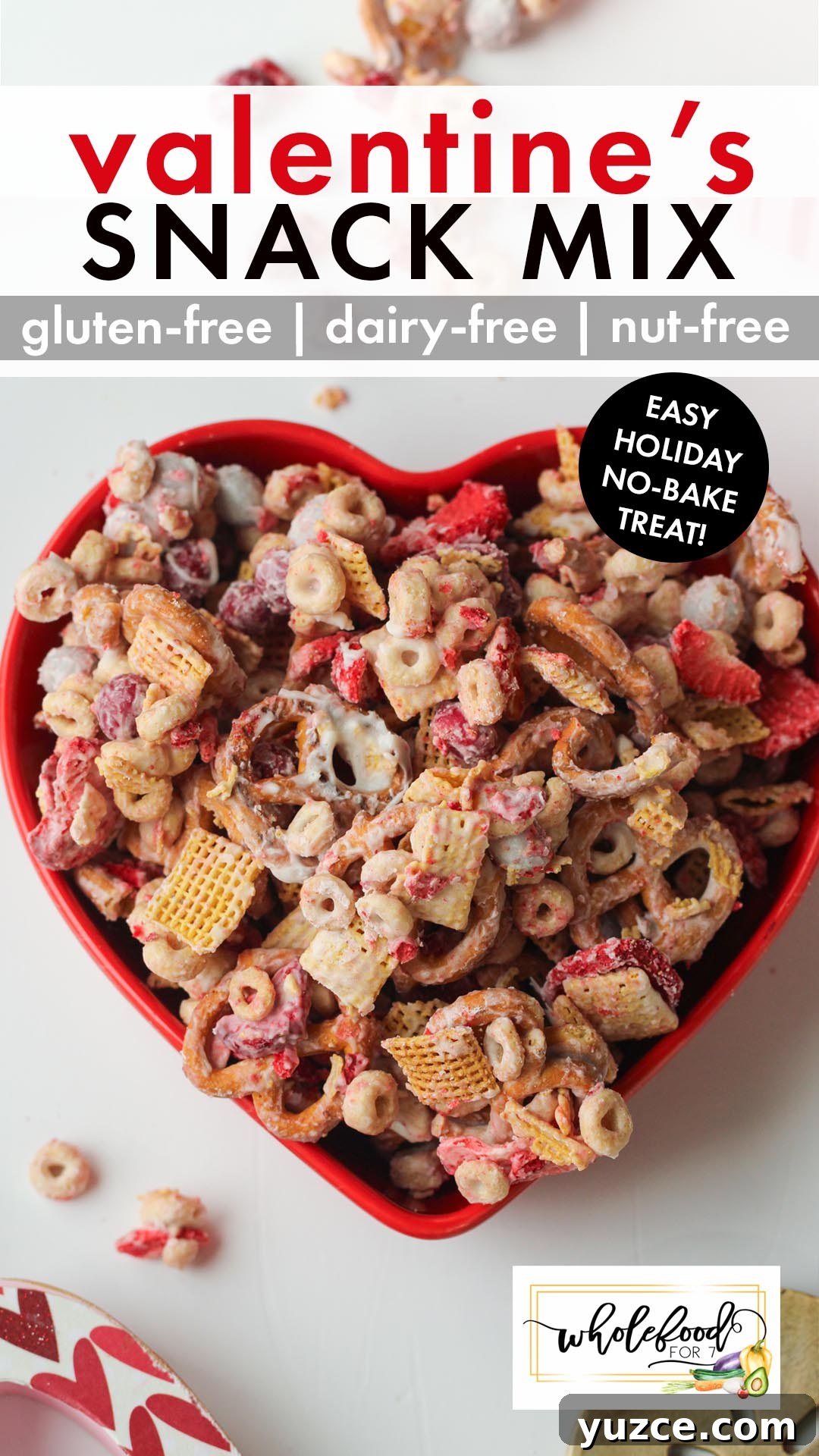 Gluten-free Dairy-free Valentine's Snack Mix - An EASY no-bake 15-minute Valentine's snack or treat. Nut-free, egg-free and allergen-friendly. Perfect for school parties and kid-approved. Super flexible recipe!
