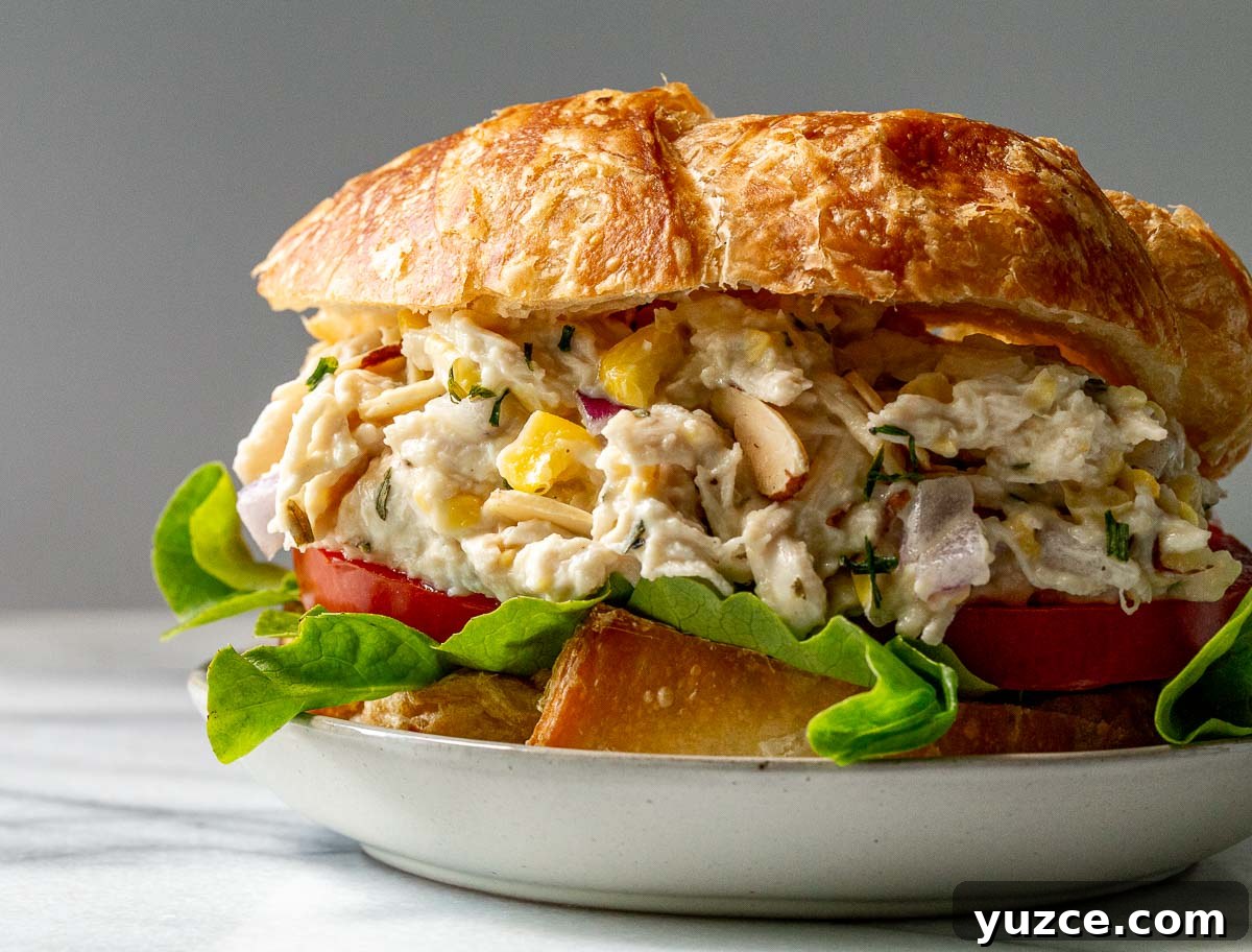 Tarragon chicken salad on a bun with lettuce and tomato.
