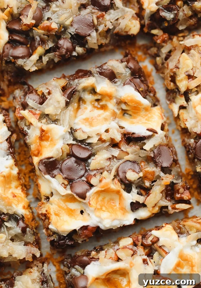 close up on a cut cookie bar with toasted marshmallows, coconut, and chocolate on top.