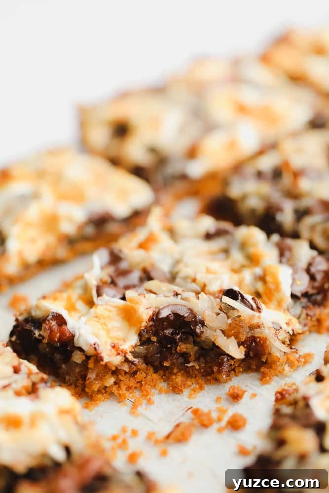 a bite missing from a cookie bar with toasted marshmallows, coconut, and chocolate on top.