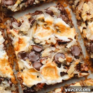 close up on a cut cookie bar with toasted marshmallows, coconut, and chocolate on top.