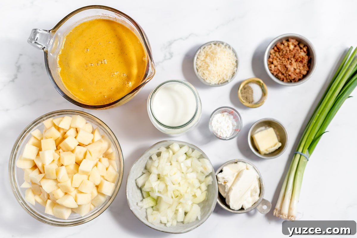Creamy Loaded Baked Potato Soup Recipe 3 Ingredients to make Baked Potato Soup set out on the counter.
