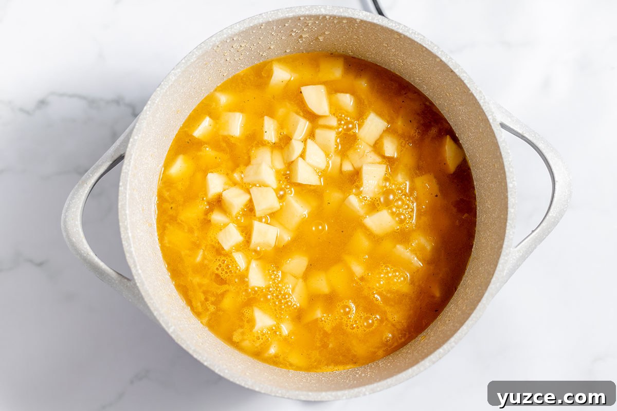 Creamy Loaded Baked Potato Soup Recipe 4 Potatoes and chicken broth in a stock pot.