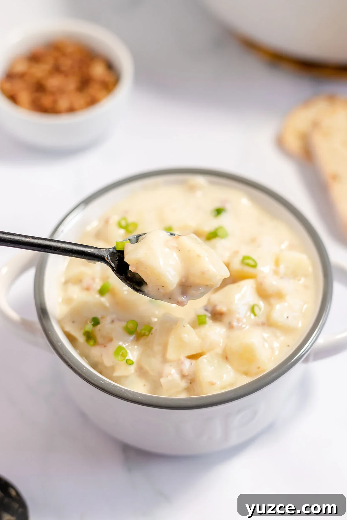 Creamy Loaded Baked Potato Soup Recipe 10 Spoonful of Baked Potato Soup over bowl.