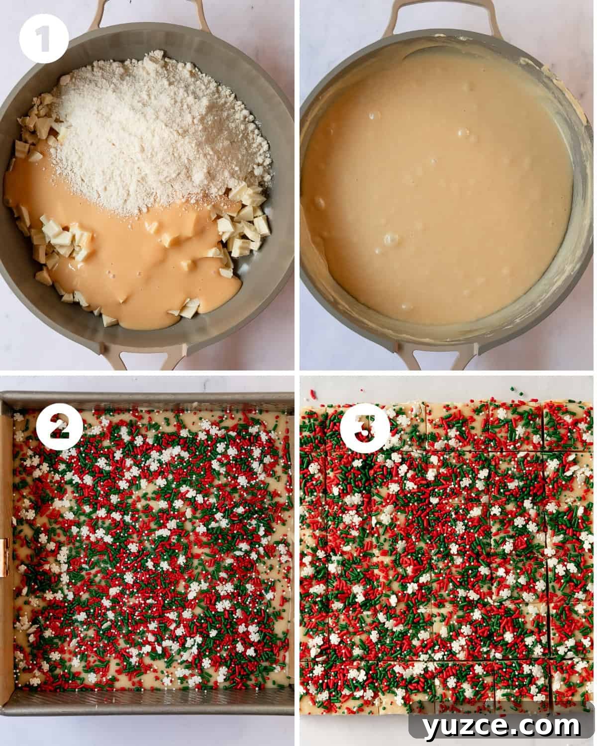 Christmas Cookie Fudge Recipe — Decadent Holiday Treat 5 Pouring melted fudge into a parchment-lined pan and topping with sprinkles
