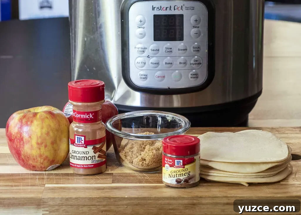 Air-Fried Apple Empanadas Recipe: Crispy Homemade Dessert 2 An apple, a bottle of ground cinnamon, a dish of brown sugar, a bottle of ground nutmeg, and a stack of empanada discs on a wooden cutting board in front of an air fryer.