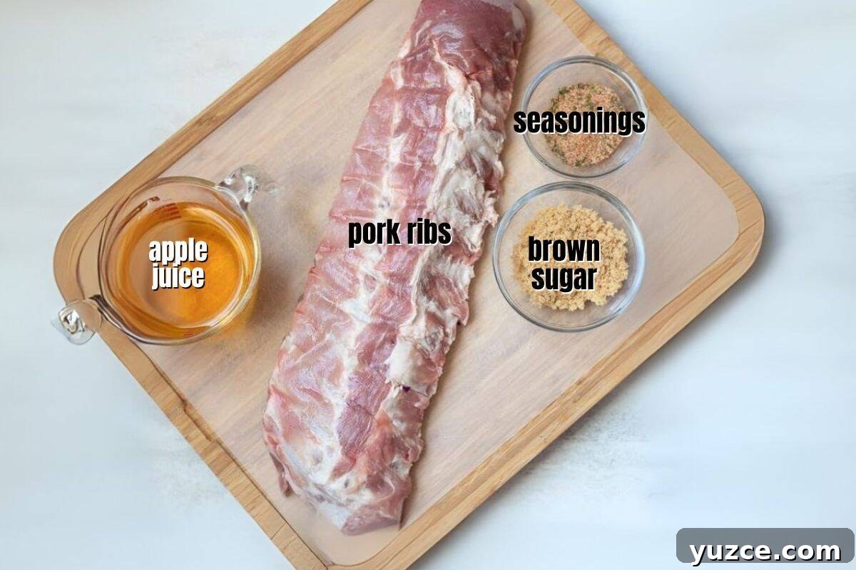 Pressure Cooker Ribs Ingredients for Instant Pot Ribs labeled on cutting board.