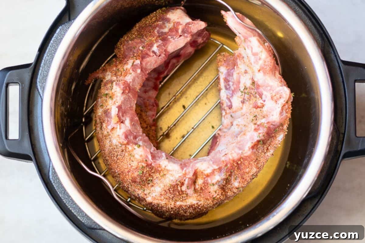 Instant Pot Spare Ribs Baby back ribs coated with seasoning rub on trivet over apple juice and liquid smoke inside Instant Pot.