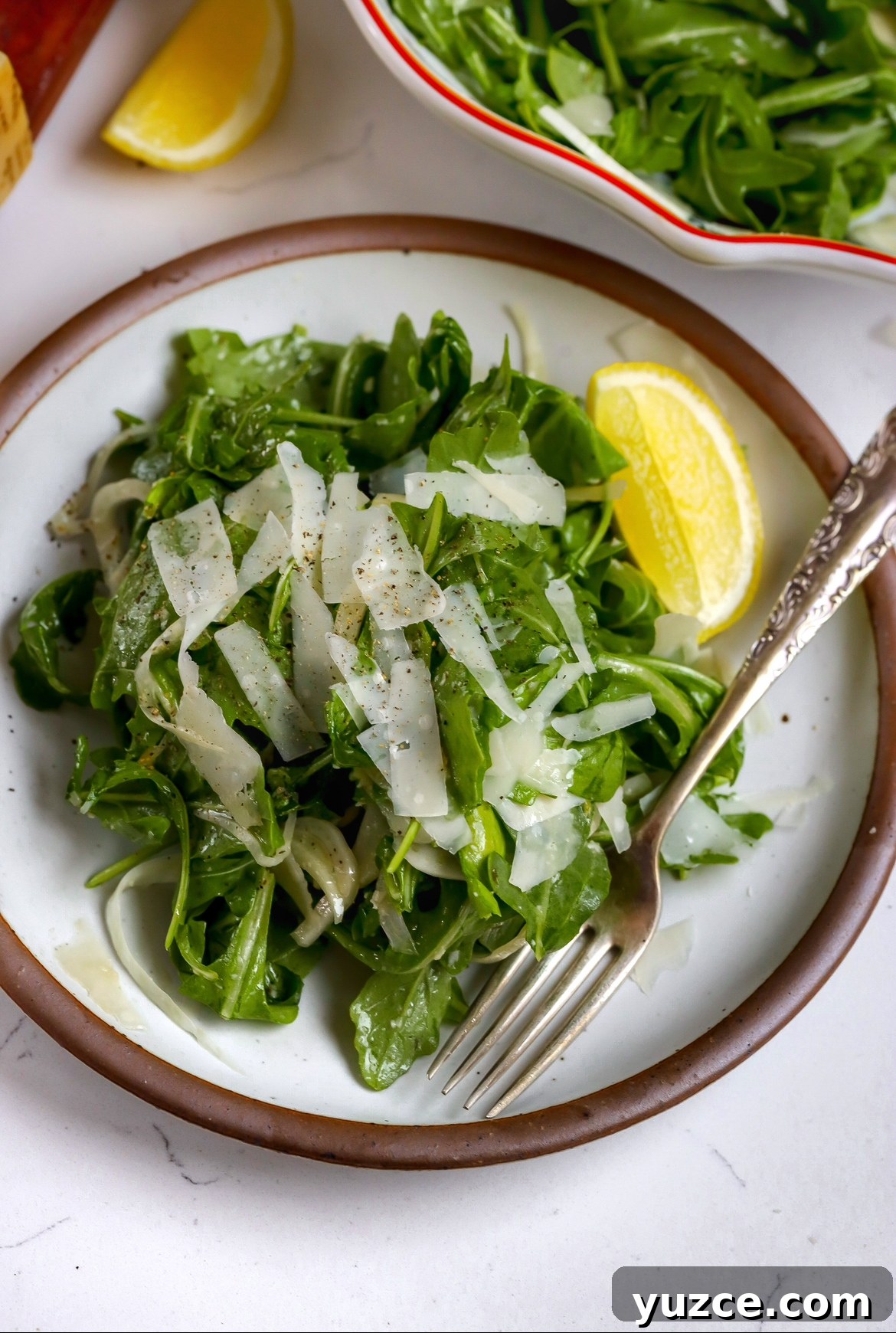 Arugula and Fennel Salad with Lemon-Parmesan Dressing 2 An arugula fennel salad with a delicious honey dijon dressing with a lemon on the side and fork in the plate.