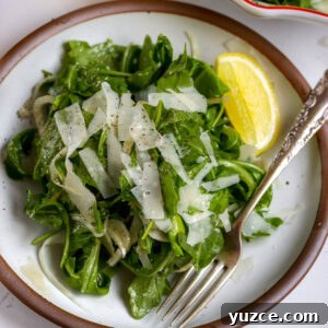 Arugula and Fennel Salad with Lemon-Parmesan Dressing 4 An arugula fennel salad with a delicious honey dijon dressing with a lemon on the side and fork in the plate.