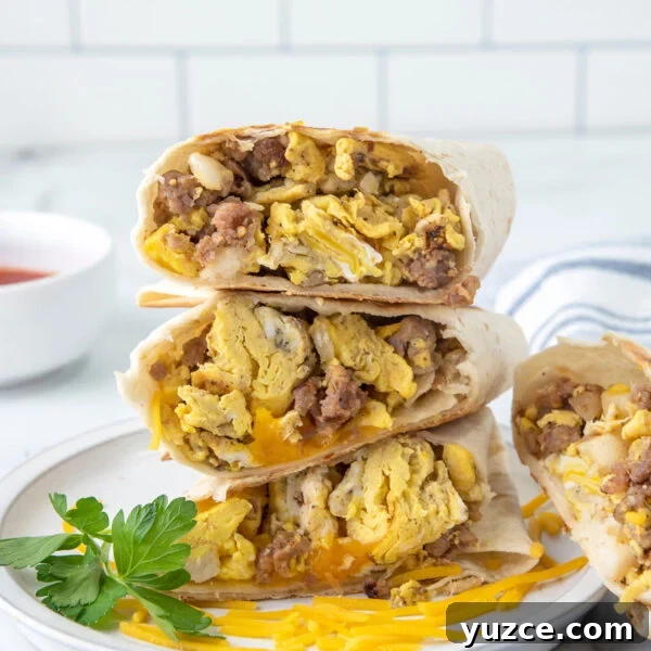 How to Make Over-Hard Eggs on a Blackstone Griddle 12 Breakfast Burrito with scrambled eggs, sausage and melted cheese cut in half stacked on a plate