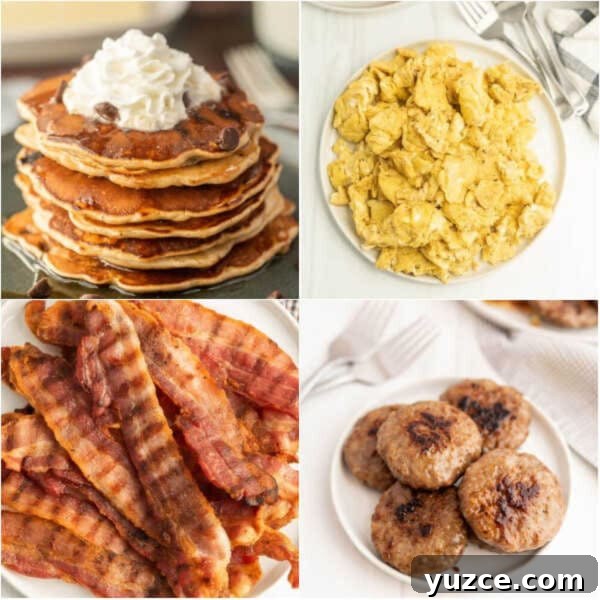 How to Make Over-Hard Eggs on a Blackstone Griddle 10 Four different images of breakfast foods including pancakes, eggs, bacon and sausage.