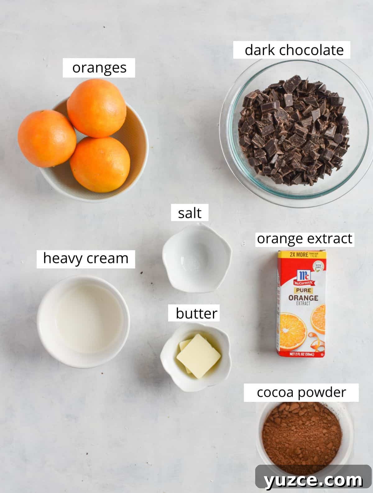 Decadent Chocolate Orange Truffle Recipe for Giftable Sweets 3 ingredients for recipe laid out and labeled.