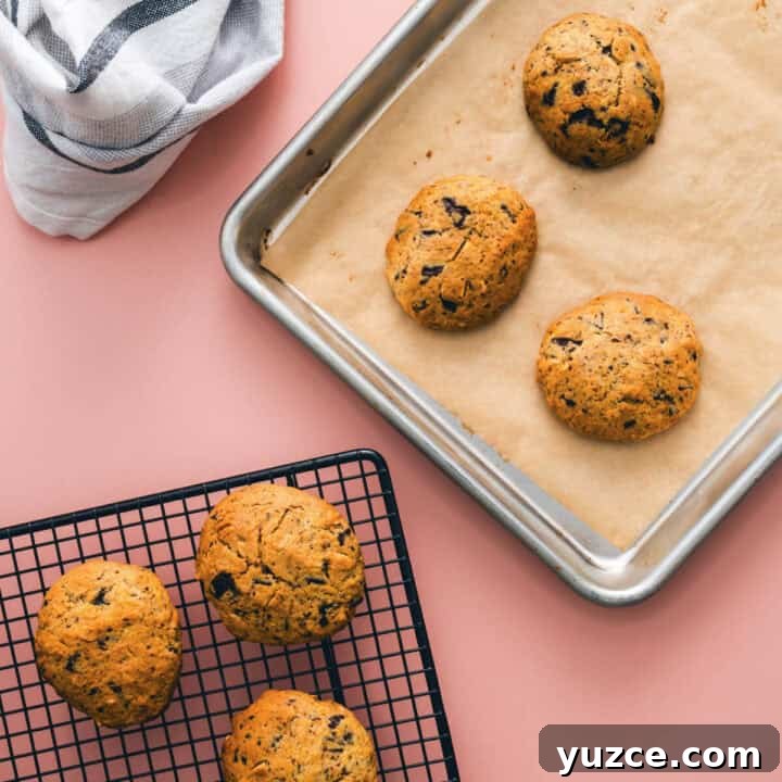 Chocolate Almond Cookie Recipe with Crunchy Almonds and Cocoa 7 Freshly baked chocolate almond cookies cooling on a wire rack and baking tray lined with parchment paper on a pink background.