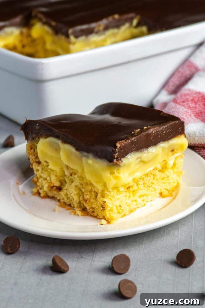 Boston Cream Pie Cake from a Box Mix — Quick Layered Dessert 2 Slice of Boston cream pie cake on a white plate.
