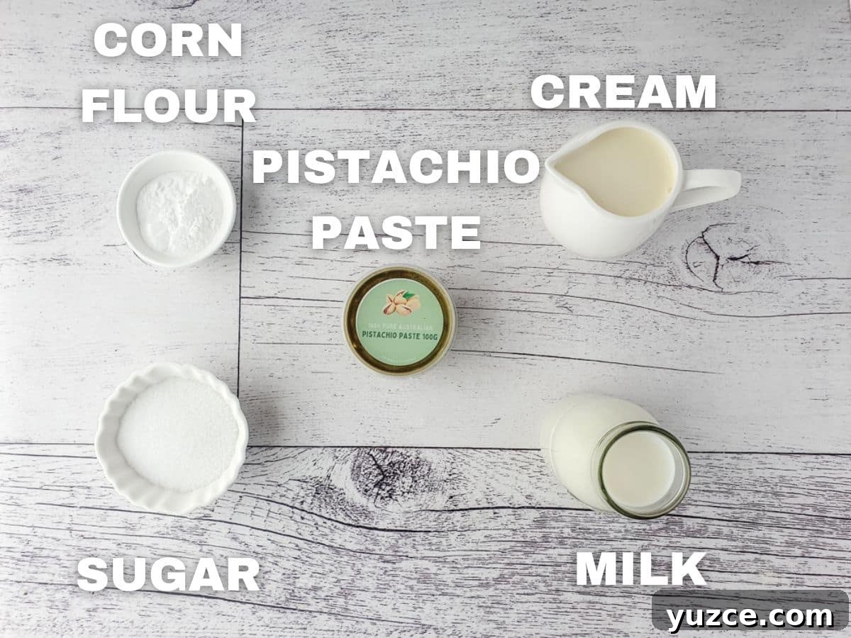 Crunchy Pistachio Topping Recipe for Desserts and Baked Goods 3 Pistachio topping ingredients: pistachio paste, corn flour, sugar, cream, milk.