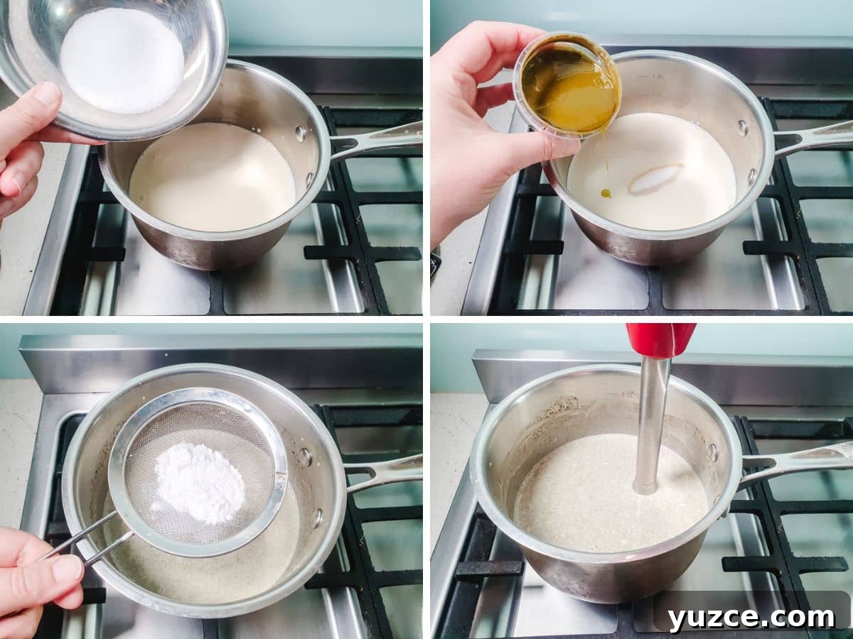 Crunchy Pistachio Topping Recipe for Desserts and Baked Goods 4 Process shots, adding milk, cream sugar and pistachio paste to a pot on the stove, sifting in corn flour, blending with an immersion blender.