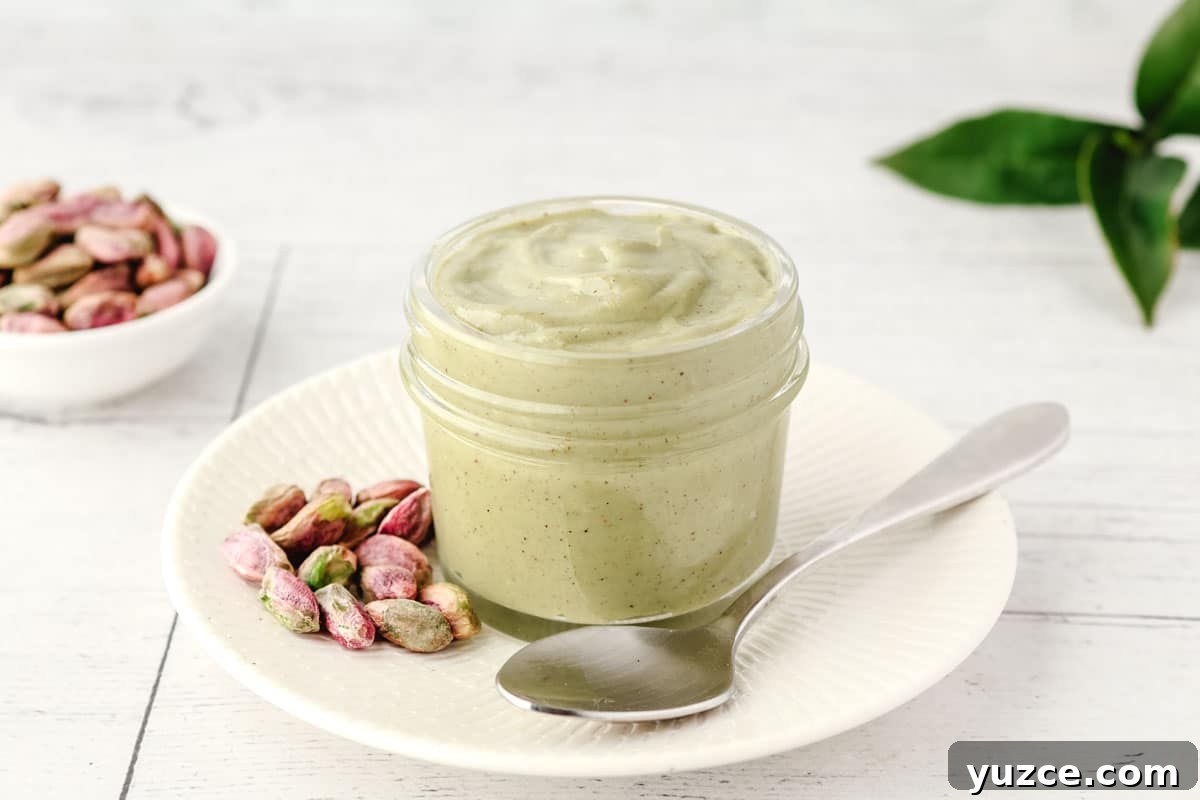 Crunchy Pistachio Topping Recipe for Desserts and Baked Goods 7 Spooning pistachio topping from a jar