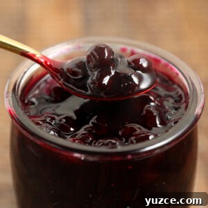 Homemade Blueberry Pie Filling Recipe for Perfect Pies 5 A close-up of a glass jar filled with thick, glossy blueberry jam or blueberry pie filling. A spoonful, showing whole berries, is held above the jar. The background is softly blurred brown wood.