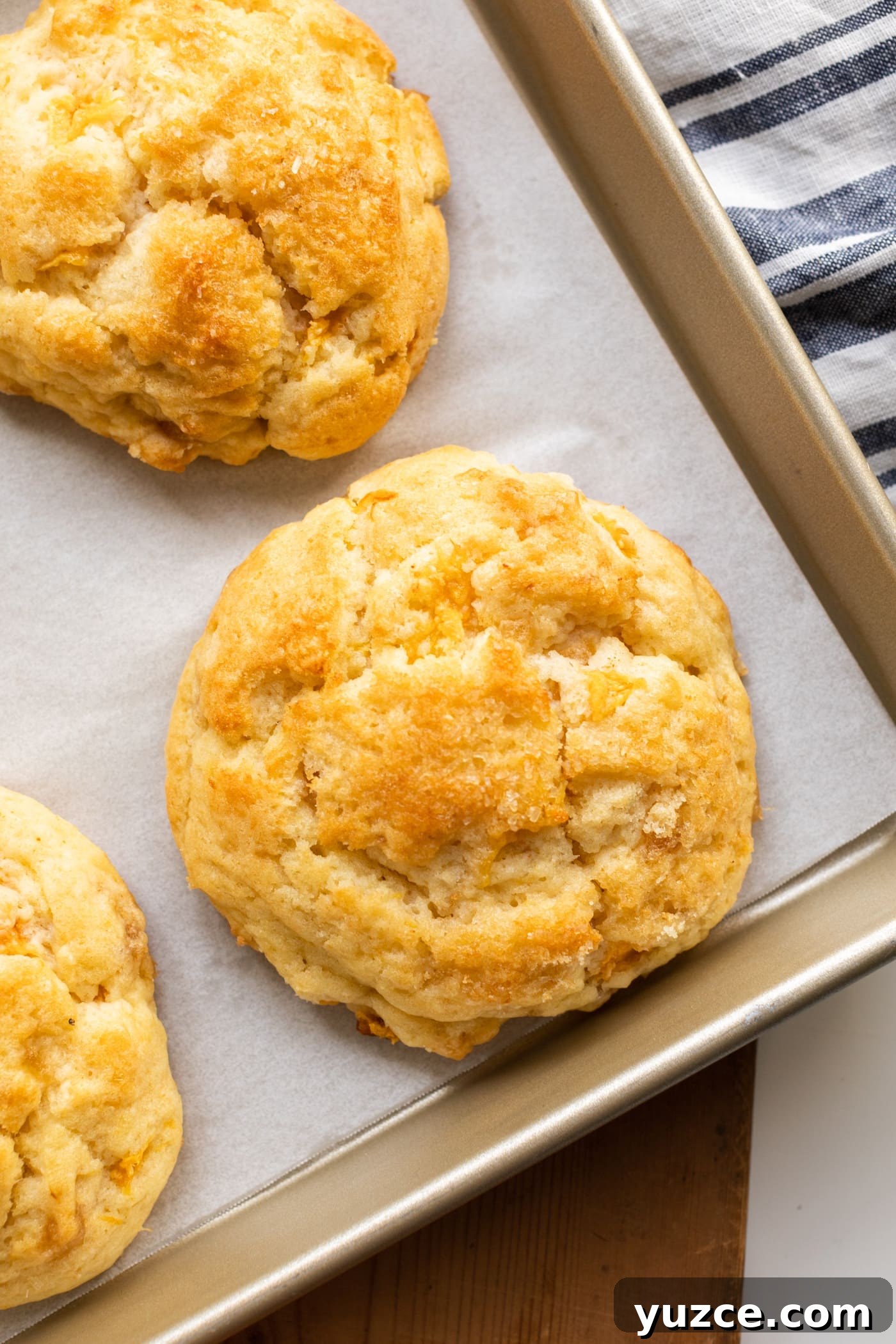 Three golden brown biscuits on piece of white parchment sitting in a baking dish with striped linen in background all on wooden surface