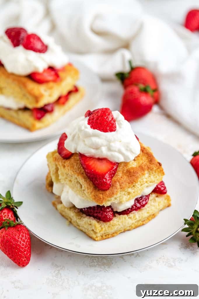 Classic Strawberry Shortcake Recipe with Fresh Strawberries and Cream 7 Angled view of shortcakes with strawberries on a plates.