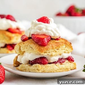Classic Strawberry Shortcake Recipe with Fresh Strawberries and Cream 8 Strawberry shortcake on a small plate.