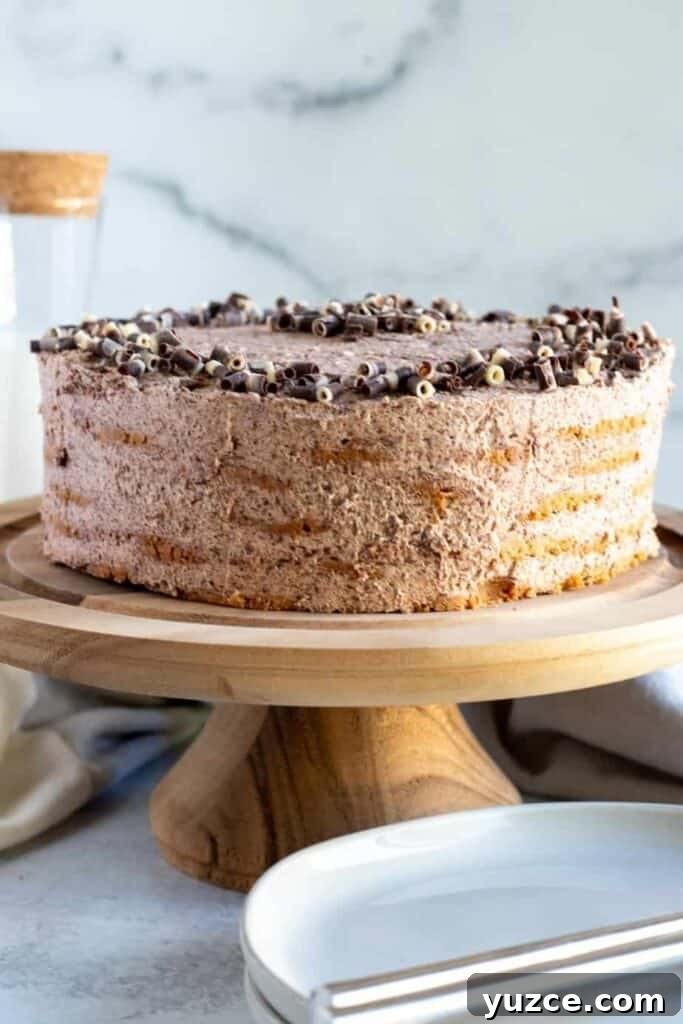 No-Bake Chocolate Icebox Cake Recipe for Creamy Layered Dessert 2 chocolate icebox cake on wood cake pedestal
