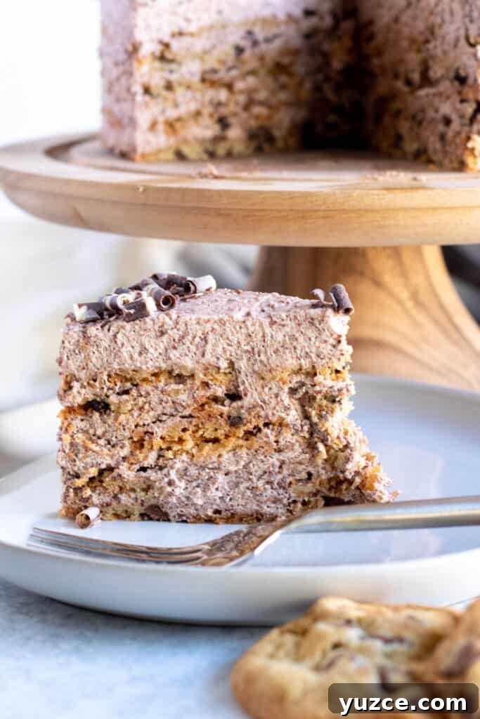 No-Bake Chocolate Icebox Cake Recipe for Creamy Layered Dessert 5 slice of cake on plate with fork