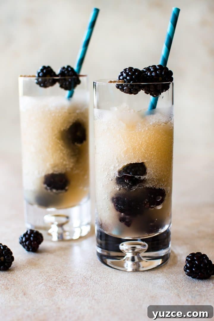 Blackberry Riesling Ice Pops — Frozen Riesling Popsicles 4 two tall clear glasses of frozen riesling and blackberries with blue straws
