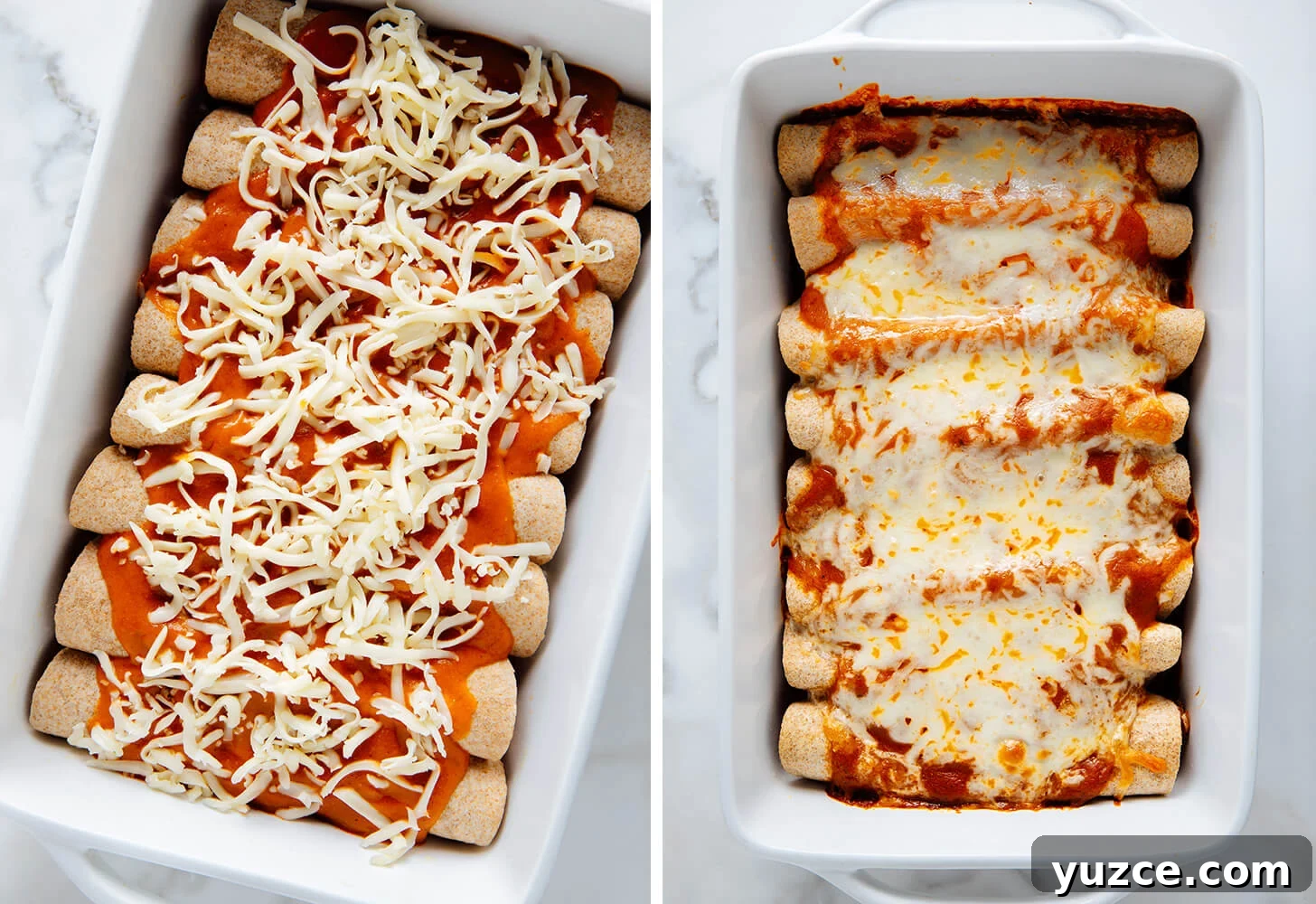 Black Bean and Vegetable Enchiladas with Roasted Salsa Verde 6 vegetarian enchiladas before and after baking