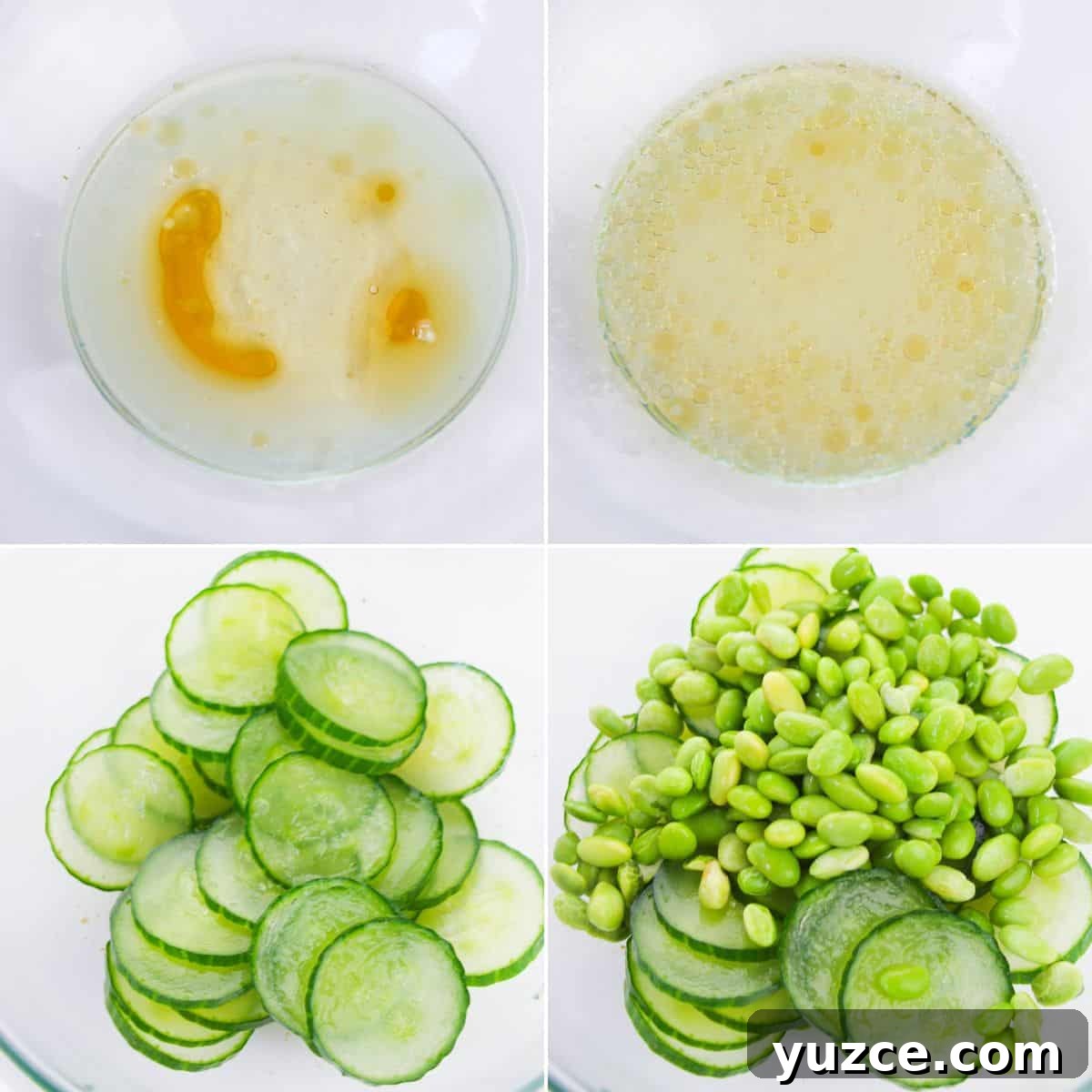 Cucumber and Edamame Salad with Sesame Ginger Dressing 5 A collage of four images: a bowl with liquids, a mixed liquid in a bowl, sliced cucumbers in a bowl, and with both cucumber slices and edamame.
