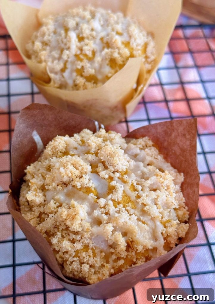 Pumpkin Streusel Muffins with Cinnamon Crumble 12 Glaze covered pumpkin streusel muffins.