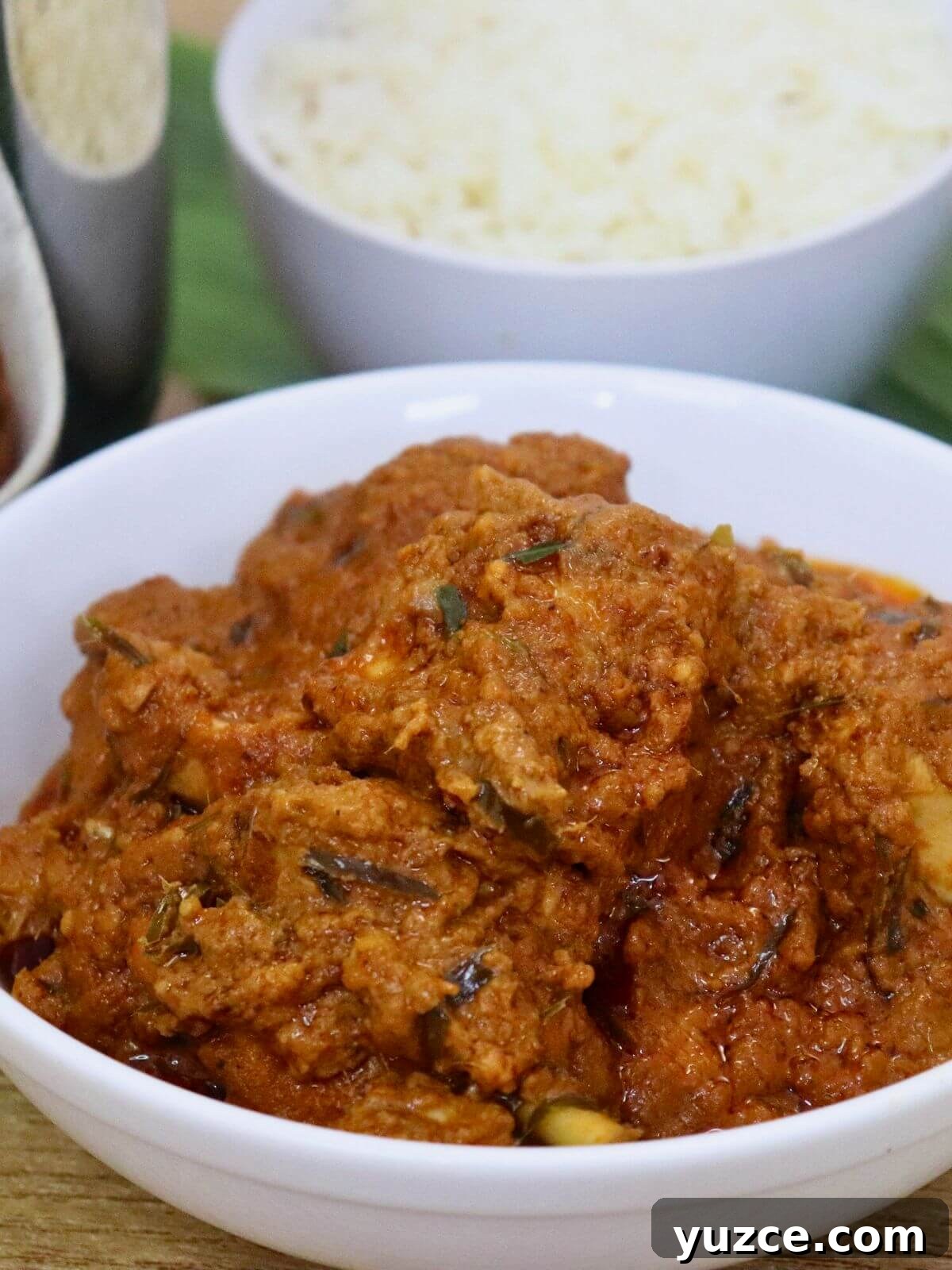 Authentic Indonesian Chicken Rendang Recipe — Rendang Ayam Made Right 2 close-up of chicken rendang served in a bowl.
