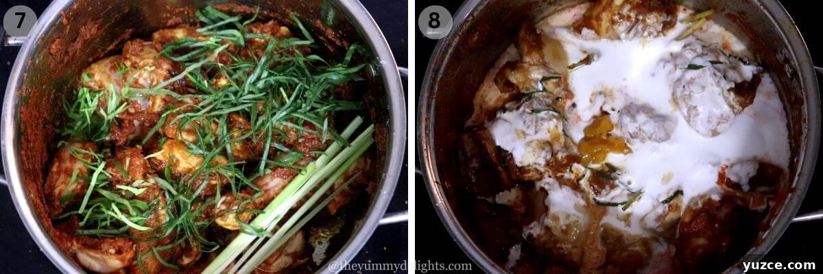 Authentic Indonesian Chicken Rendang Recipe — Rendang Ayam Made Right 10 collage image of 2 steps showing addition of turmeric leaves, lemongrass stalk, and kaffir lime leaves. And addition of coconut milk and jaggery to the rendang chicken curry.