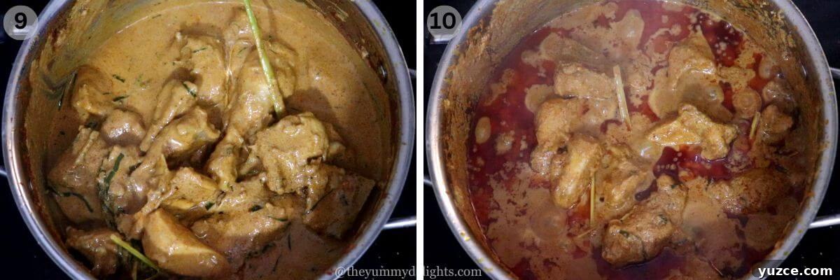 Authentic Indonesian Chicken Rendang Recipe — Rendang Ayam Made Right 11 collage image of 2 steps showing cooking the chicken with spice paste and coconut milk.