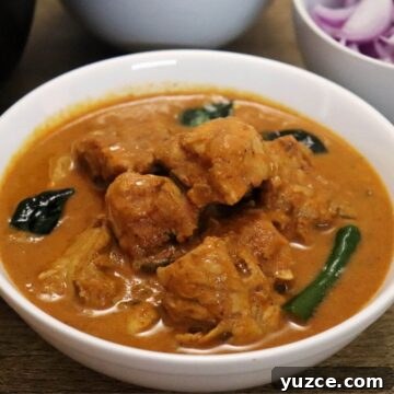 ceylon chicken curry in a white colored bowl.