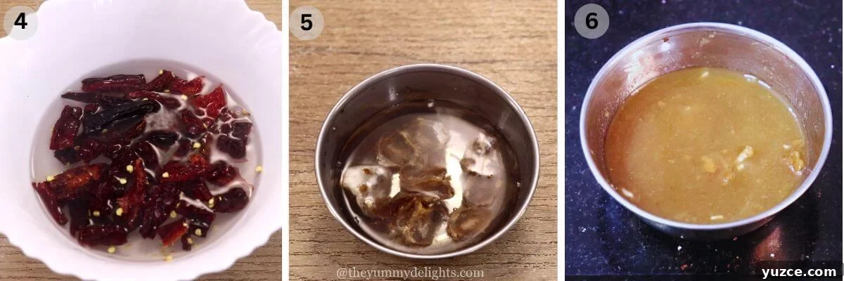 Authentic Indonesian Chicken Rendang Recipe — Rendang Ayam Made Right 4 collage image of 3 steps showing soaking red chilies and tamarind in hot water in two different bowls.