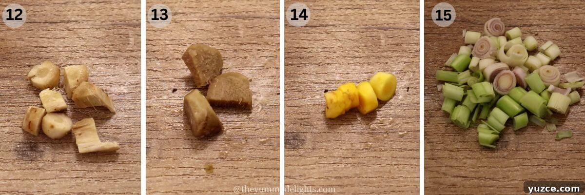 Authentic Indonesian Chicken Rendang Recipe — Rendang Ayam Made Right 5 collage image of 4 steps showing preparations to make chicken rendang recipe. It showed galangal, ginger, turmeric and lemongrass.