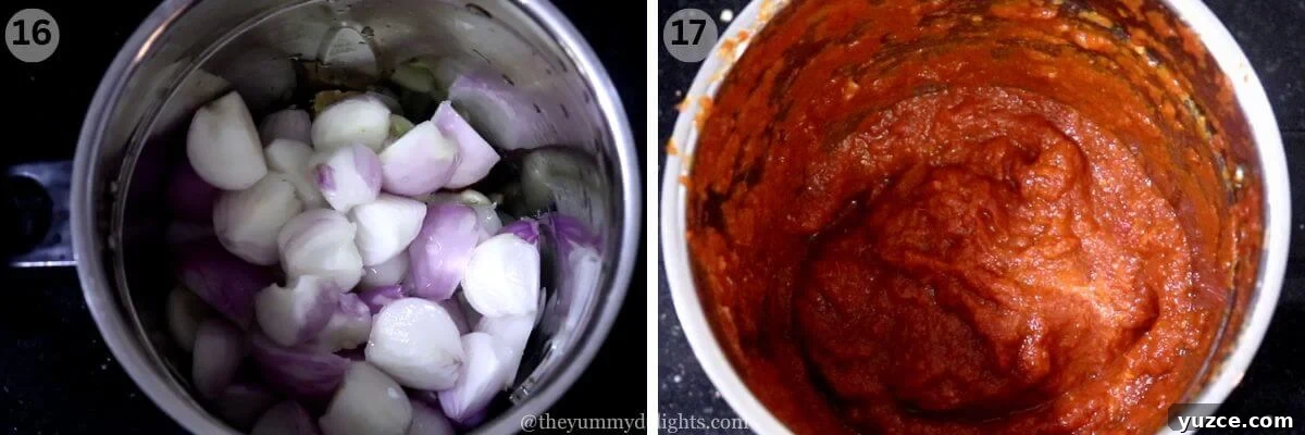 Authentic Indonesian Chicken Rendang Recipe — Rendang Ayam Made Right 7 collage image of 2 steps showing how to make rendang spice paste. It shows addition of spice paste ingredients to the mixer/blender jar and grinding to a fine paste.