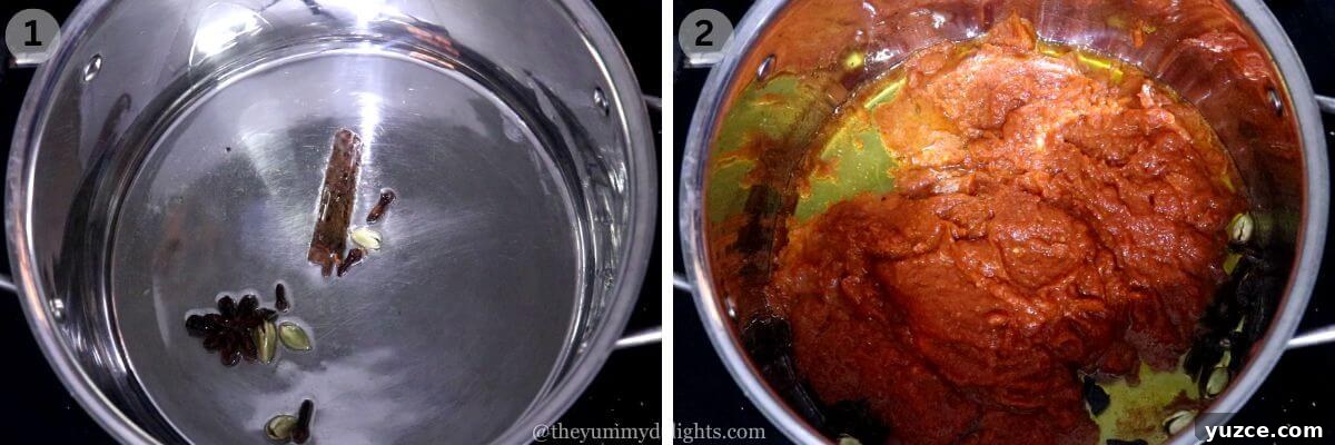 Authentic Indonesian Chicken Rendang Recipe — Rendang Ayam Made Right 8 collage image of 2 steps showing how to make chicken rendang. It shows how to saute spices, and addition of spice paste.